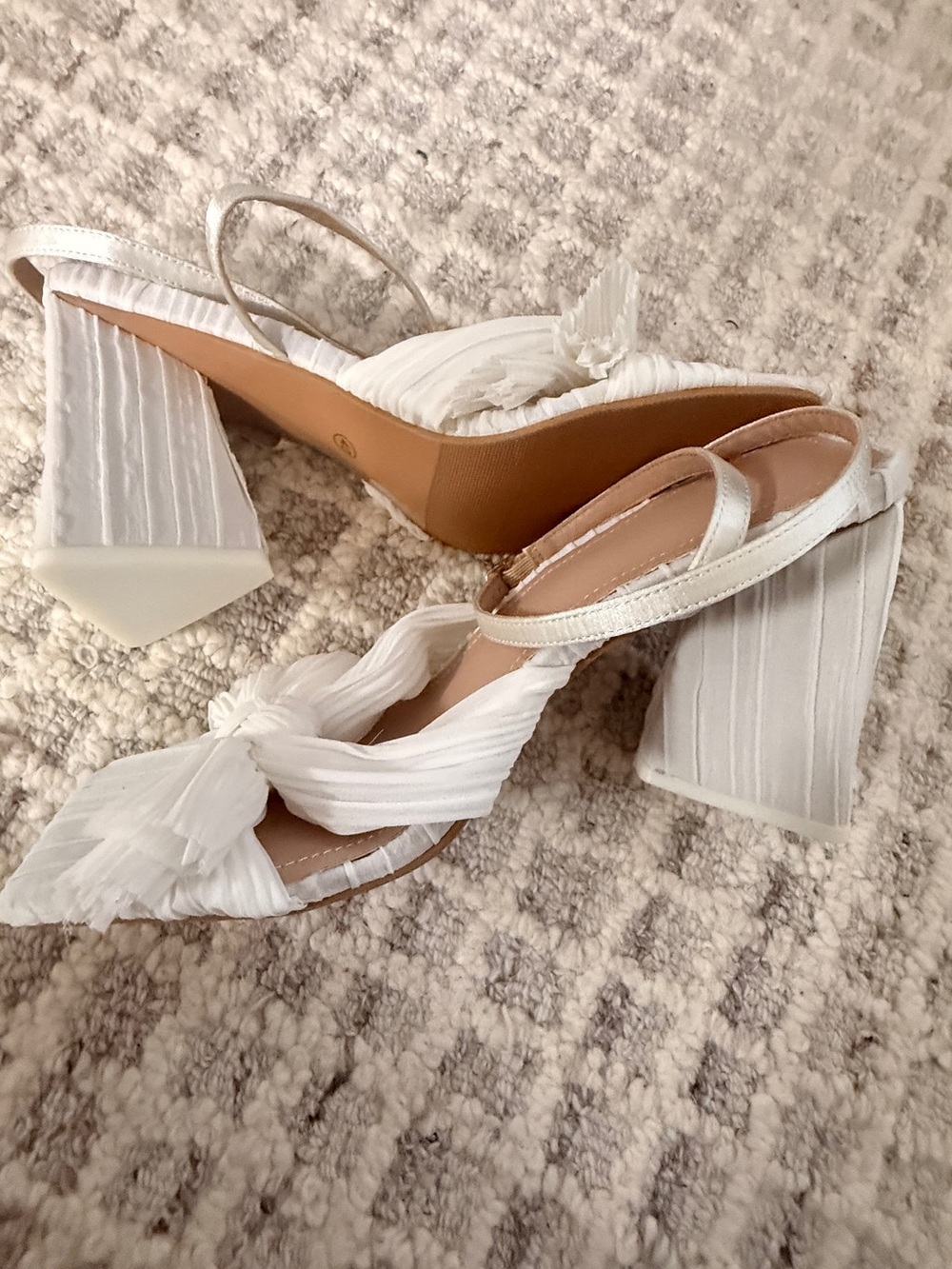 White Pleated Knot Block Heel Slingback Sandals